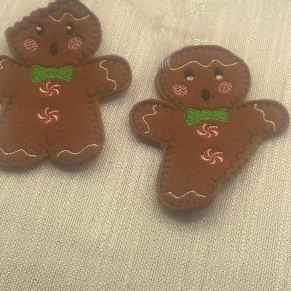 gingerbread ornament handmade set of 2 iridescent ribbon to hang on tree 4”